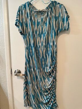 Michael Kors Teal and Cream Ruched Midi Dress